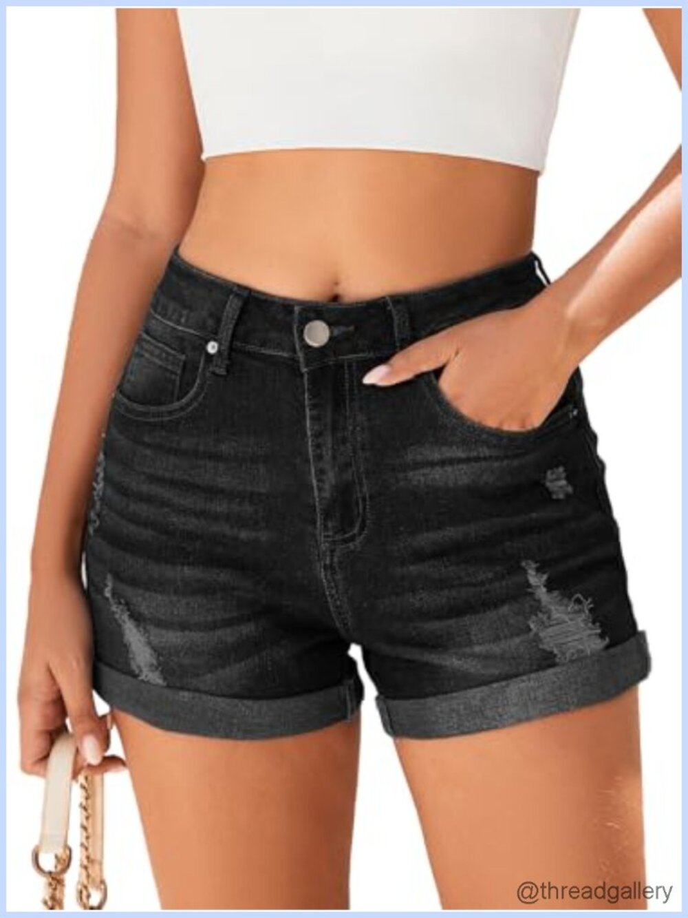 Women's Mid-High Rise Ripped Denim Shorts Stretchy Distressed Folded Hem Summer